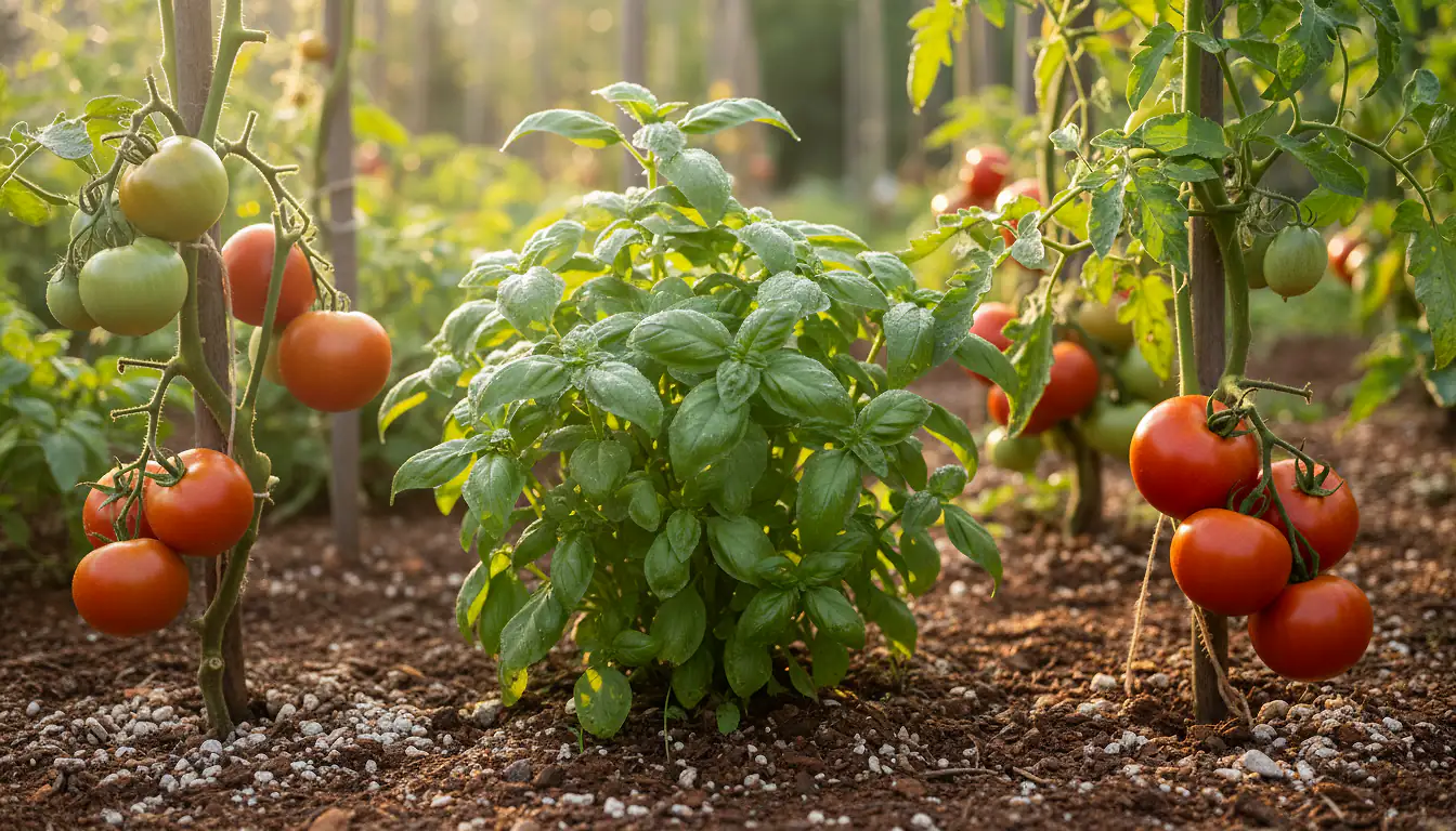 Pieds de tomates et de basilic cultivés côte à côte dans un potager au soleil