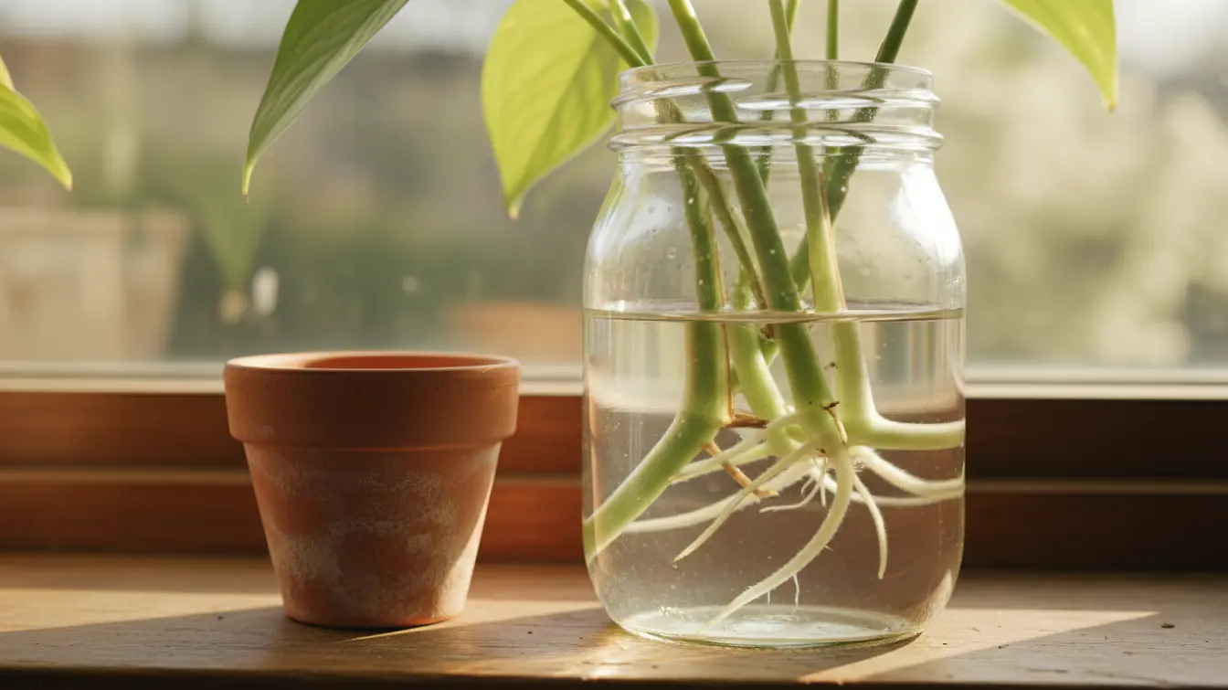 Boutures de plantes dans un verre d'eau avec racines naissantes sur un rebord de fenêtre