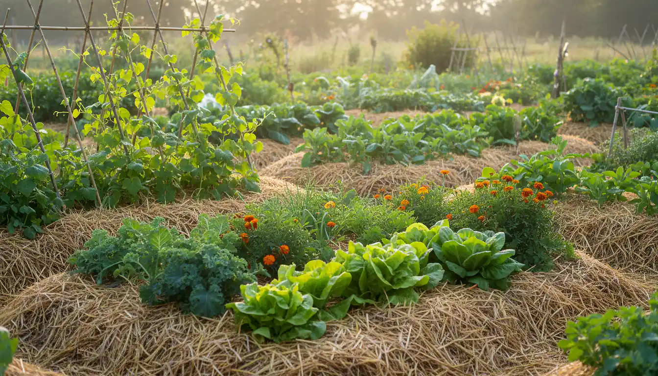 Potager en permaculture diversifié avec buttes paillées et plantes mêlées au petit matin