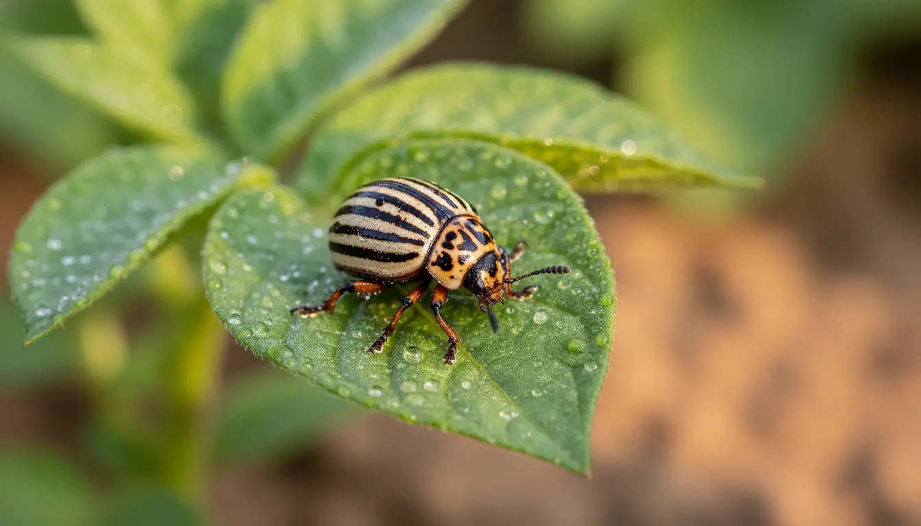 Doryphore adulte rayé de noir et jaune posé sur une feuille de pomme de terre