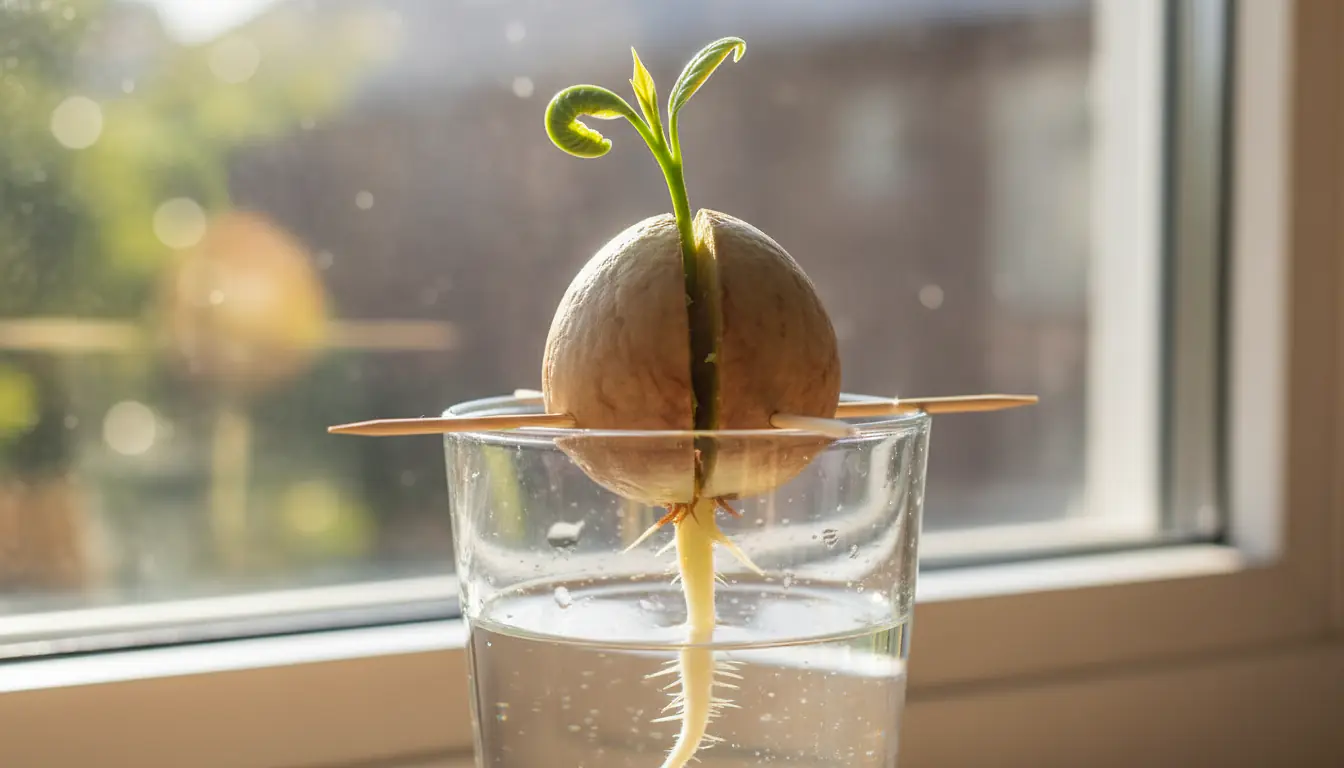 Noyau d'avocat en germination dans un verre d'eau