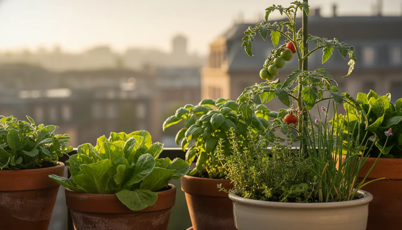 Potager de balcon urbain avec pots de tomates, salades et aromatiques au soleil du matin