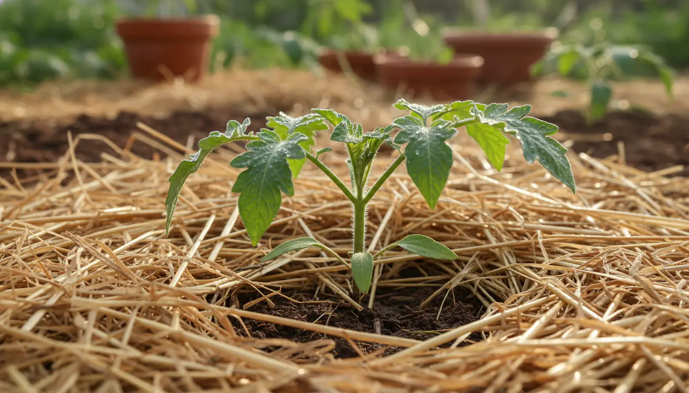 Pied de légume paillé avec de la paille au potager sous une lumière douce du matin