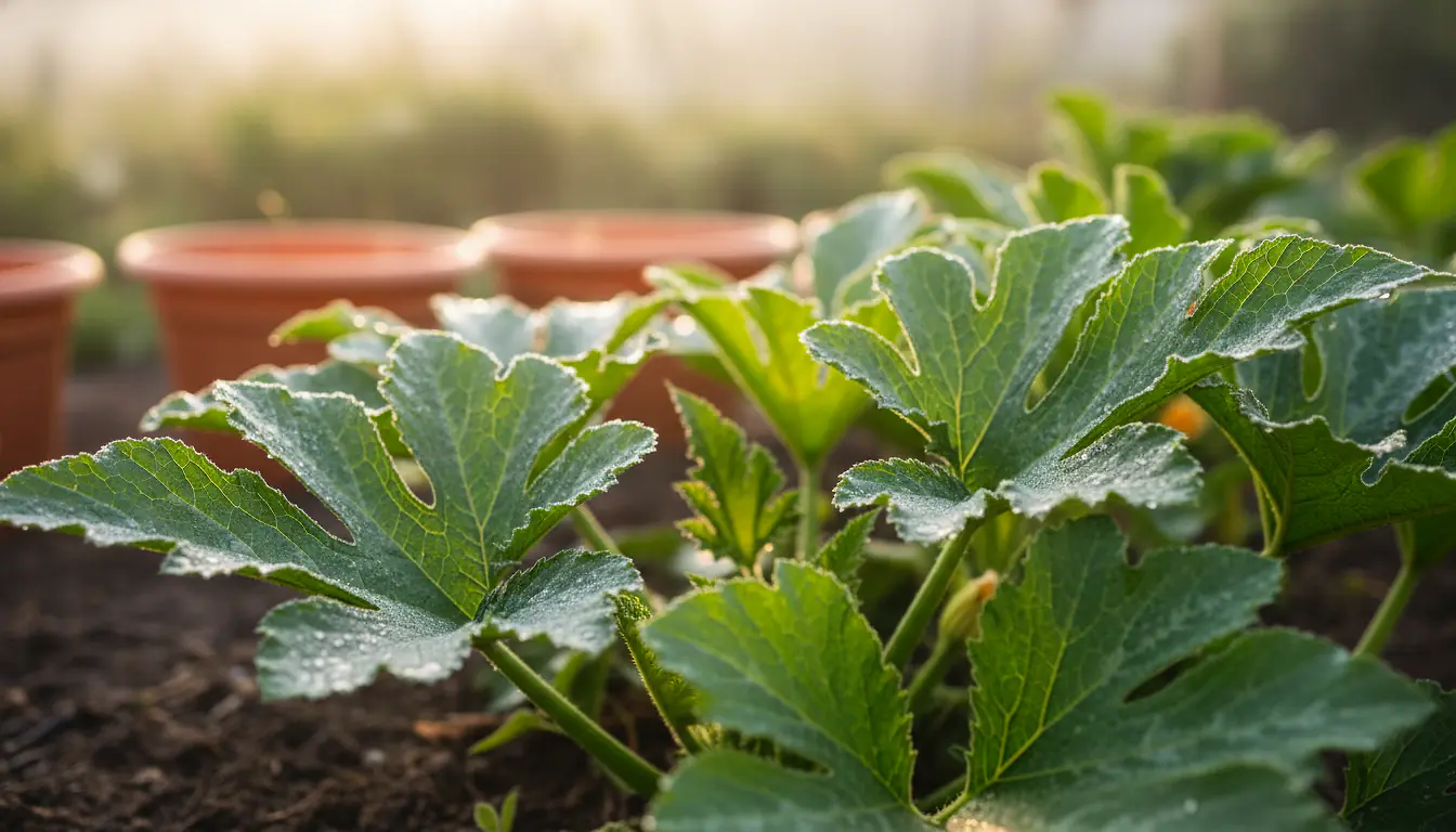 Feuillage vert et sain de courgette au potager, au lever du jour