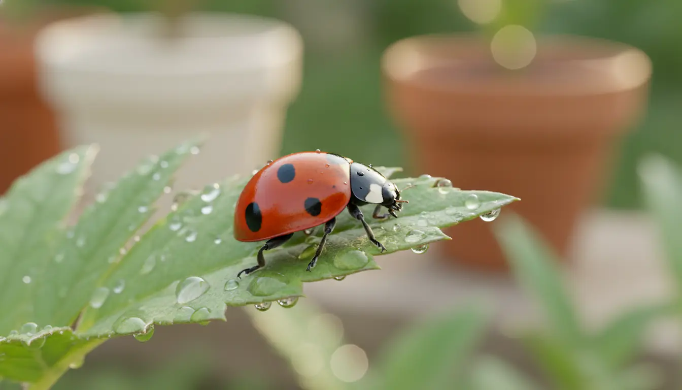 Coccinelle posée sur une feuille verte au potager, au lever du jour