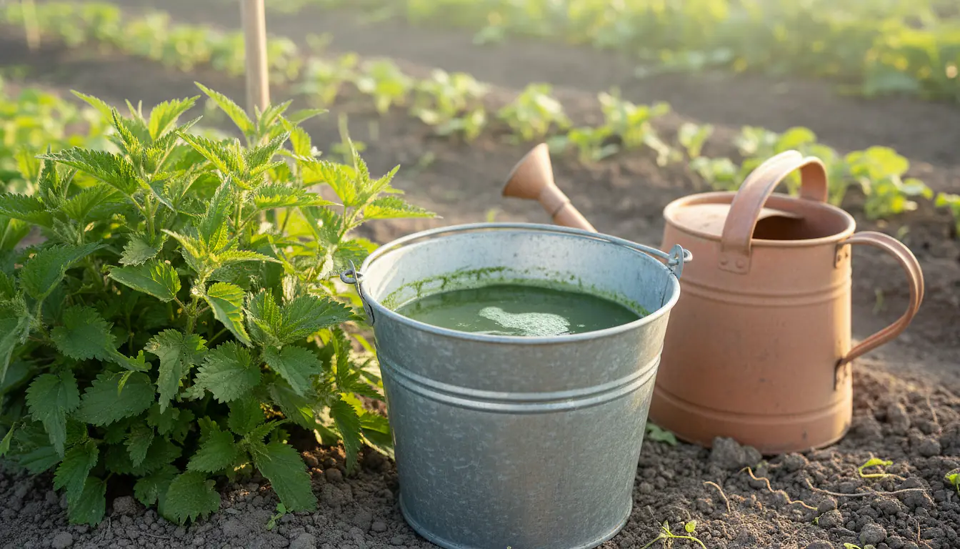 Préparation de purin d'ortie dans un seau au jardin