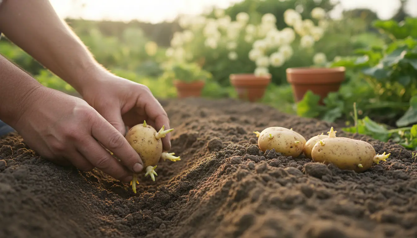 Plantation de plants de pommes de terre germés dans un sillon de terre meuble au potager