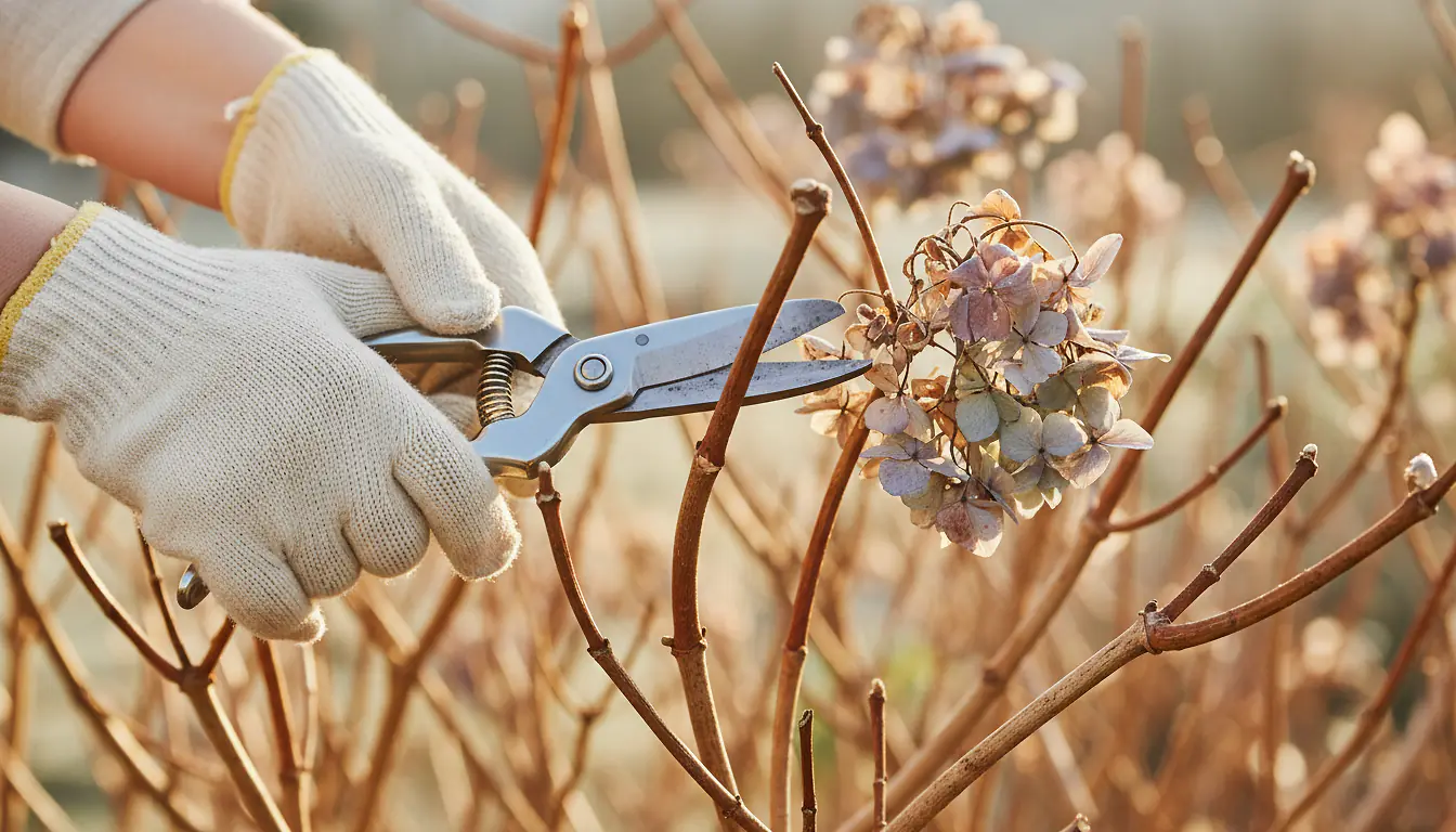 Taille d'un hortensia au sécateur en fin d'hiver