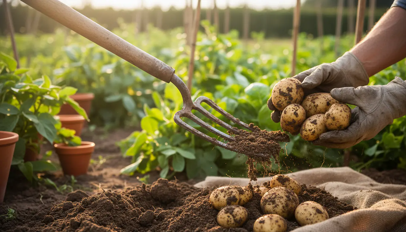 Pommes de terre fraîchement déterrées soulevées du sol avec une fourche de jardin