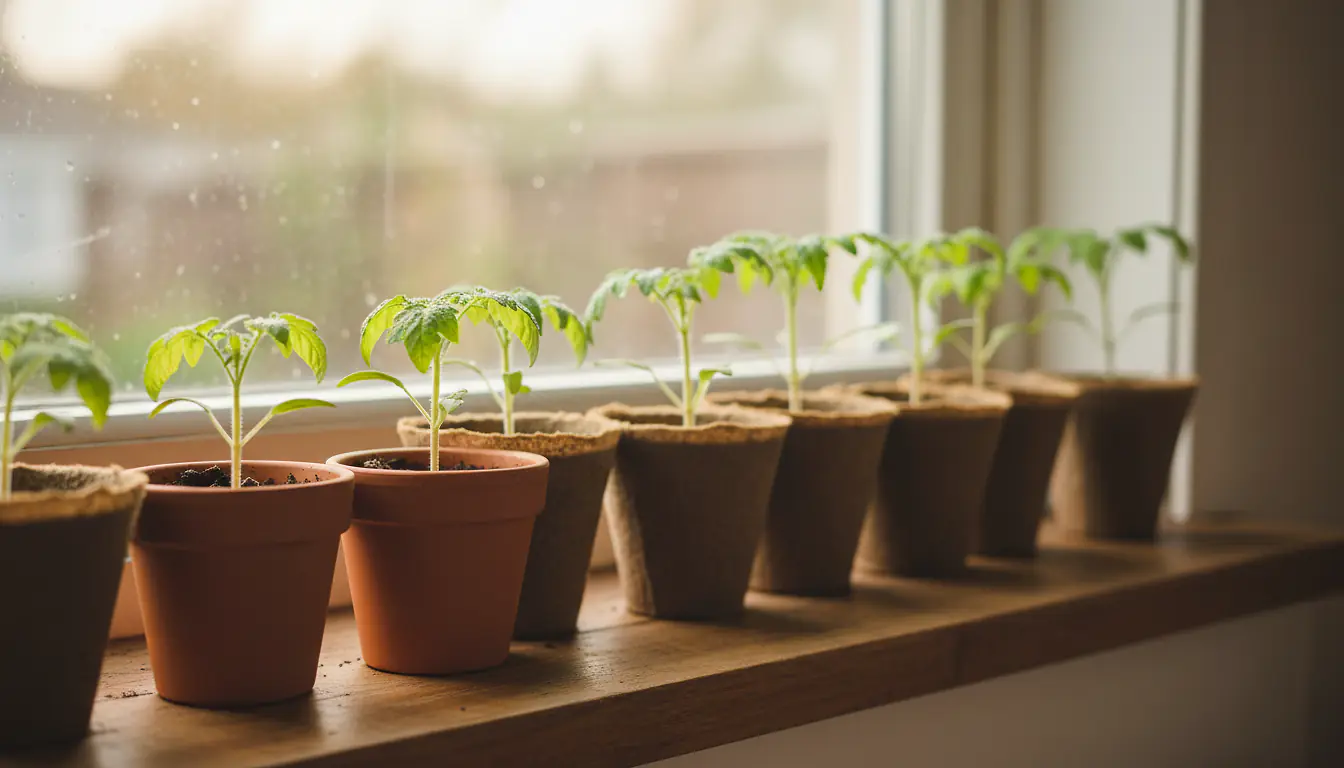 Jeunes plants de semis de tomates en godets près d'une fenêtre lumineuse
