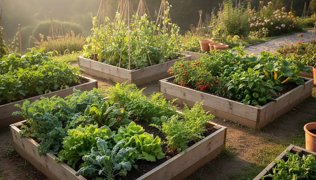 Potager organisé en planches distinctes avec légumes-feuilles, racines et légumineuses, vue d'ensemble le matin