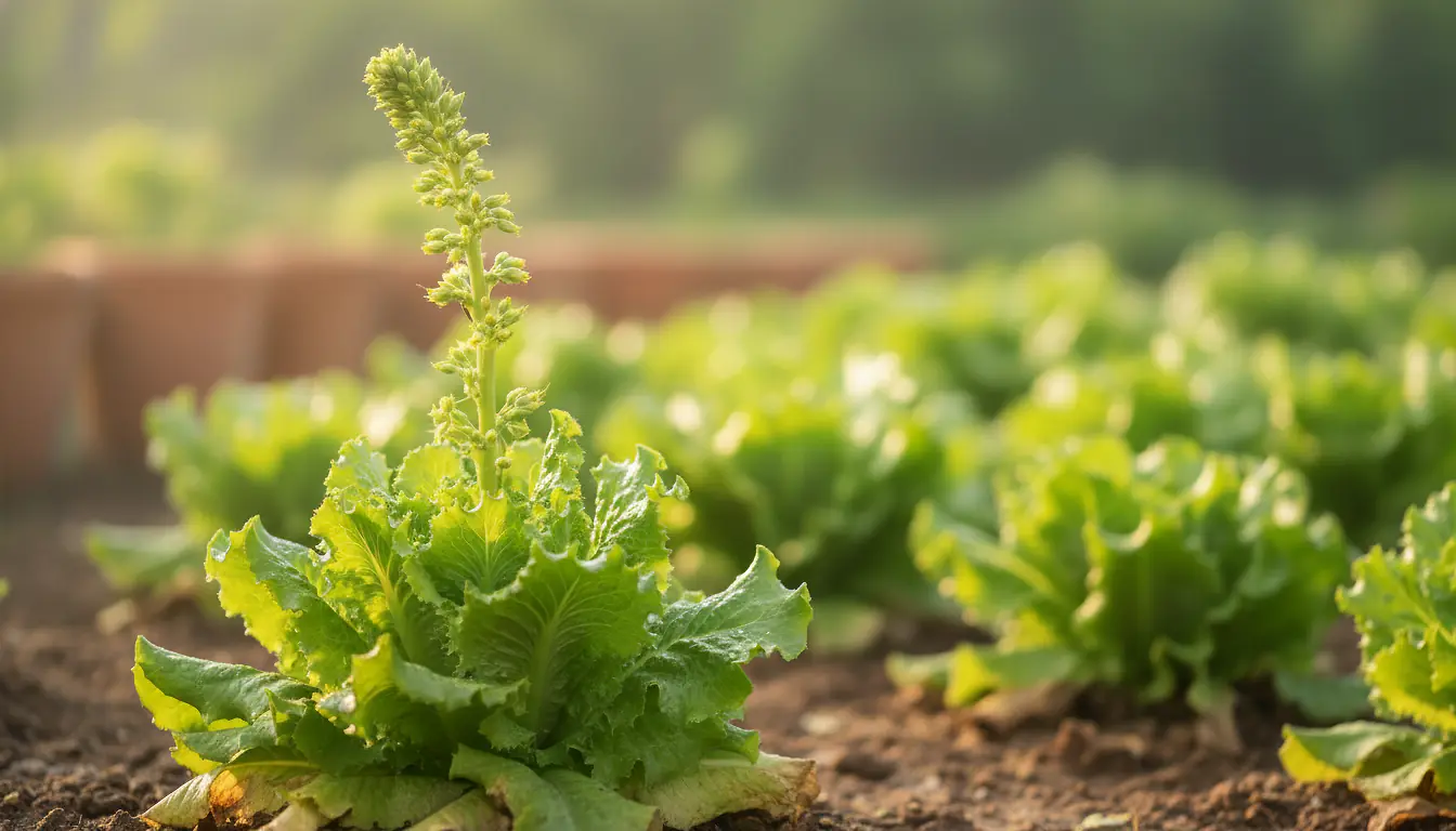 Salade montée en graine avec une haute tige florale dressée au potager en été