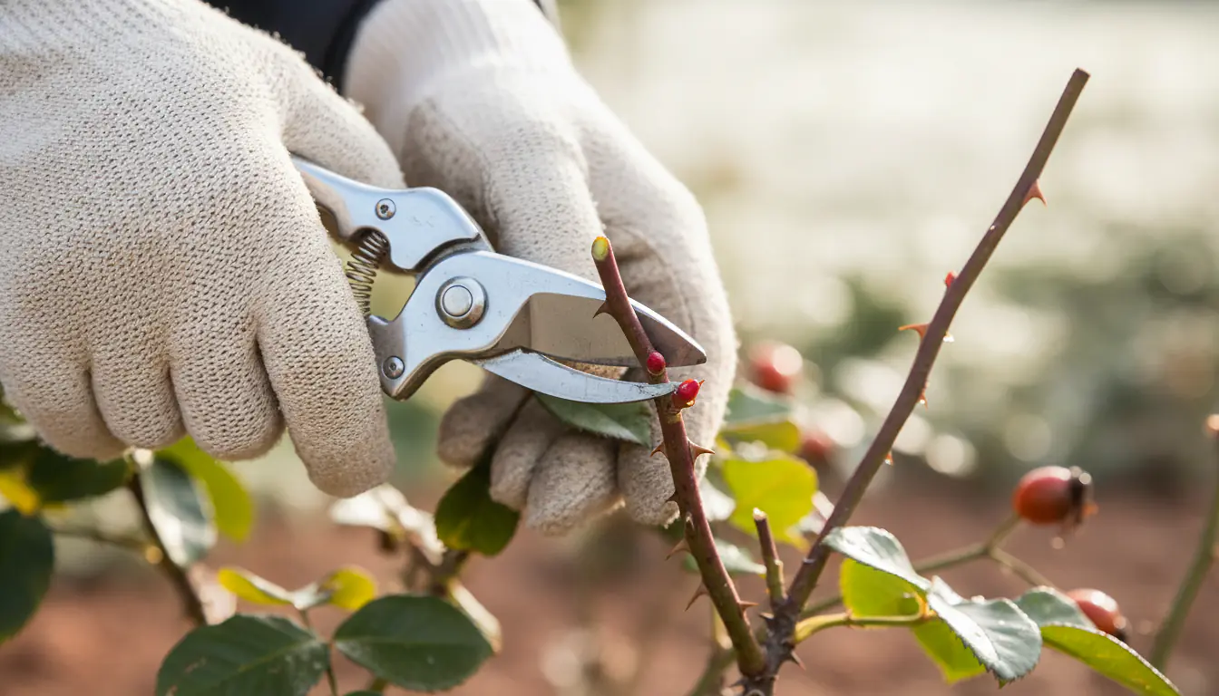 Taille d'un rosier au sécateur en fin d'hiver, coupe en biseau au-dessus d'un bourgeon