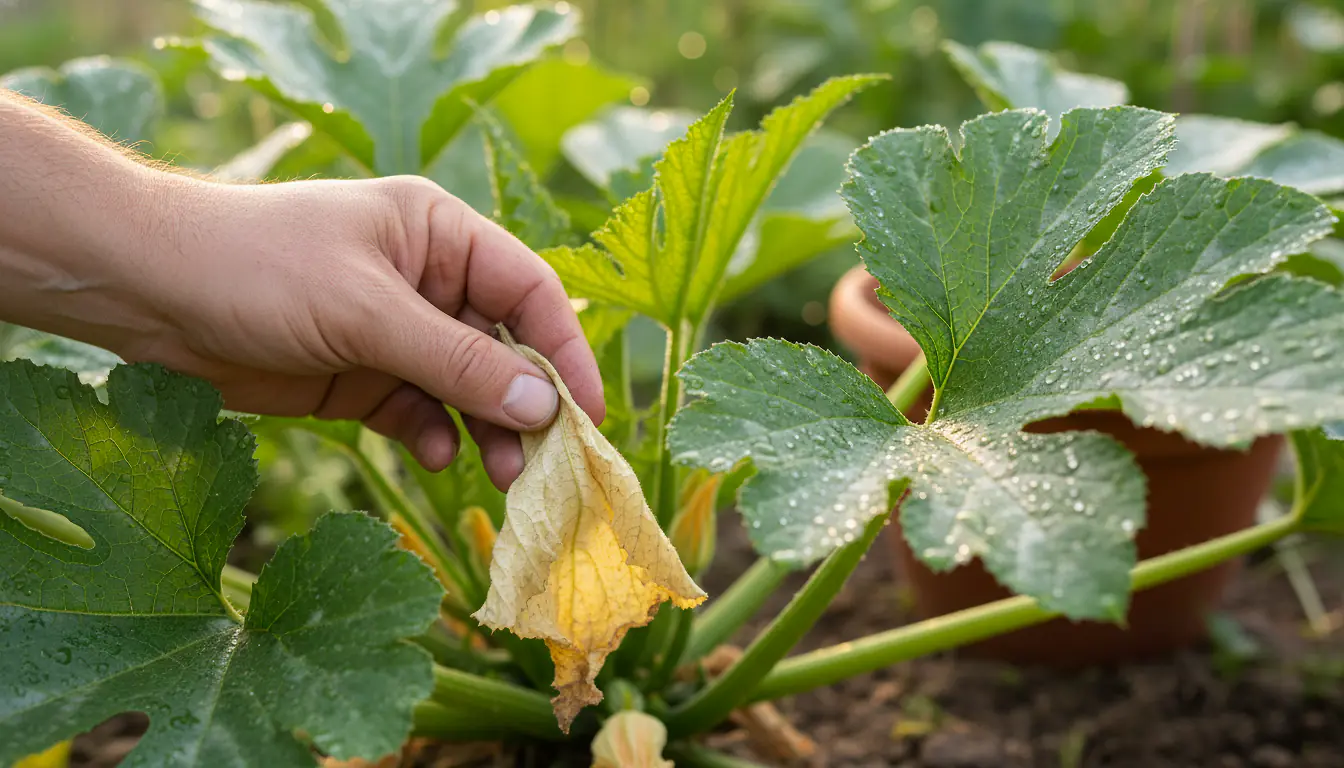 Une main retire une vieille feuille jaunie à la base d'un pied de courgette