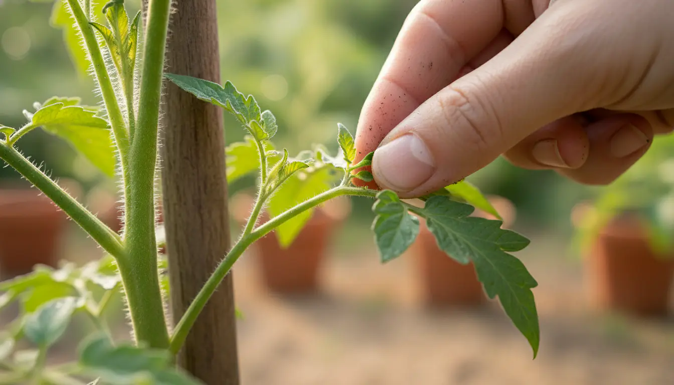 Doigts pinçant un jeune gourmand à l'aisselle d'une feuille de tomate