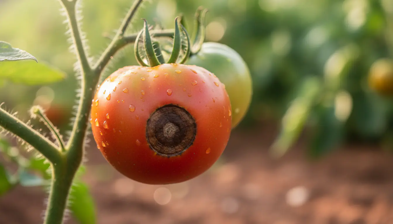 Tomate allongée sur le plant avec une tache noire enfoncée au bas du fruit, signe de nécrose apicale