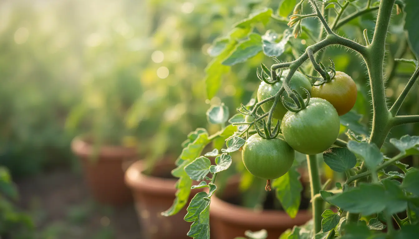Grappe de tomates vertes et orangées en cours de maturation sur le pied en été