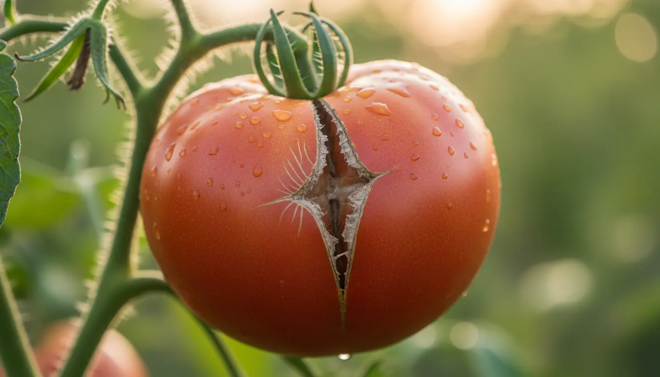 Tomate rouge mûre sur le plant, fendue par une craquelure de la peau