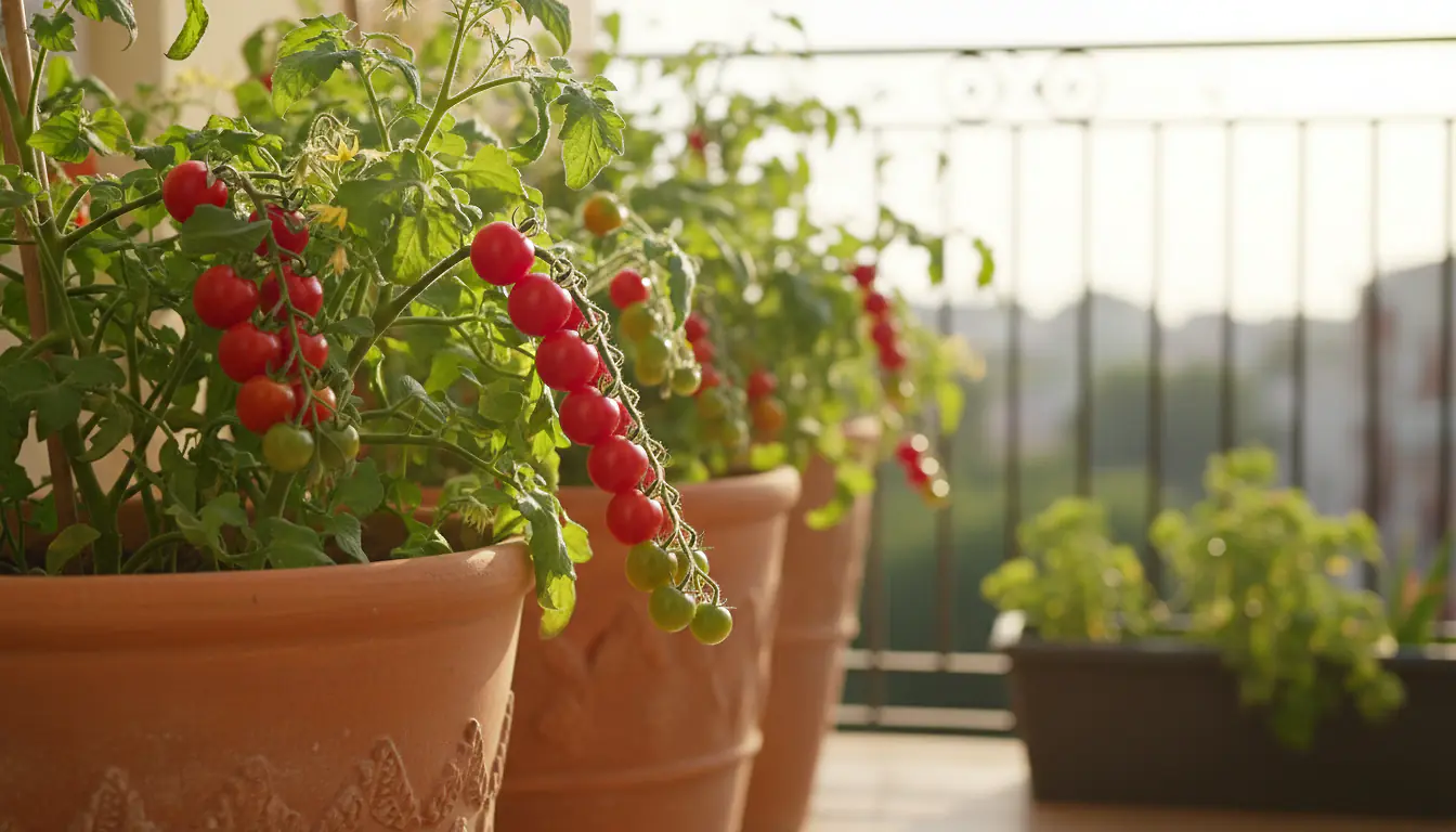 Pieds de tomates cerises en pot couverts de fruits rouges sur un balcon ensoleillé