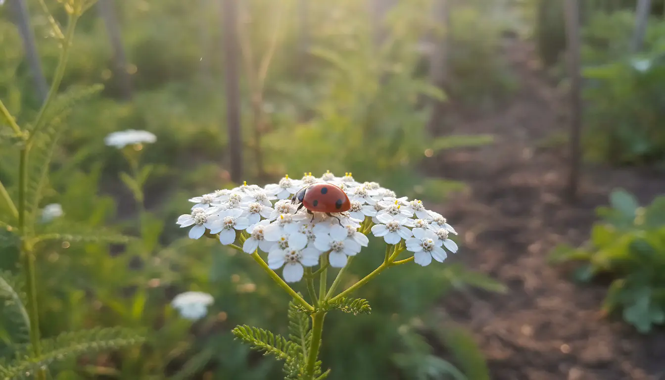Coccinelle à sept points posée sur une fleur d'achillée millefeuille dans un potager ensoleillé