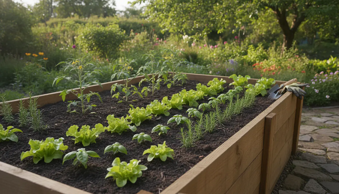 Carré potager surélevé en bois rempli de terre avec jeunes plants de légumes au jardin