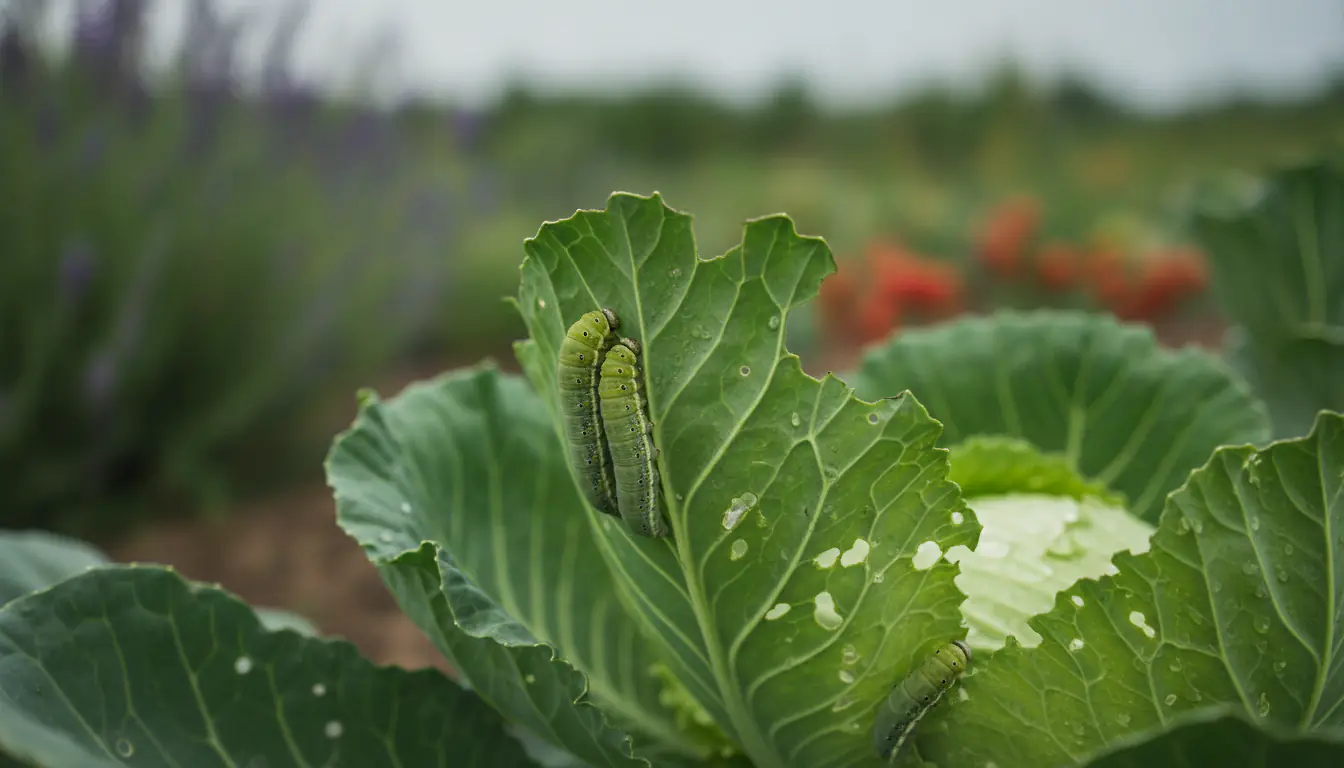 Chenilles de piéride du chou sur feuilles de chou au potager, gros plan naturel