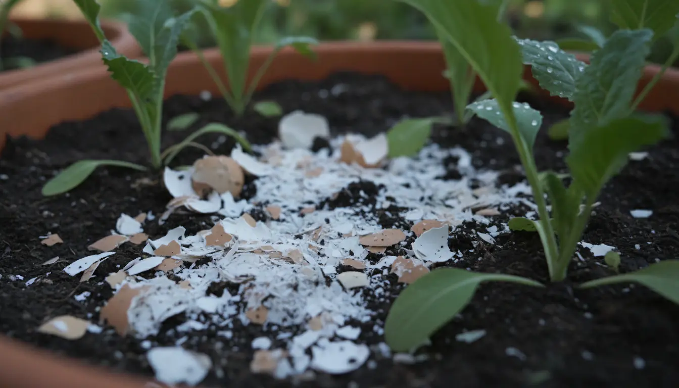 Coquilles d'oeuf broyées en poudre et en fragments épandues au pied de plants de légumes dans un jardin potager