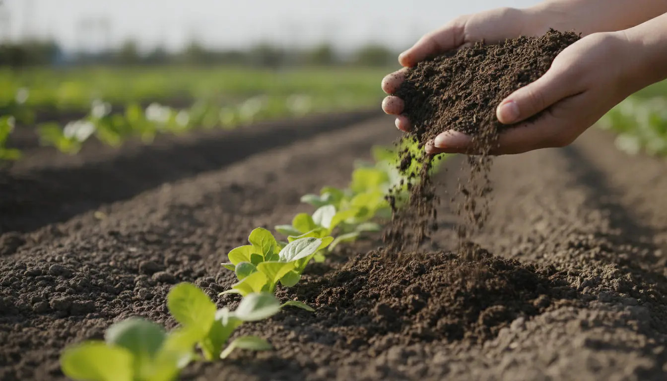 Mains de jardinier versant du compost mûr sombre et grumeleux sur un rang de jeunes légumes verts
