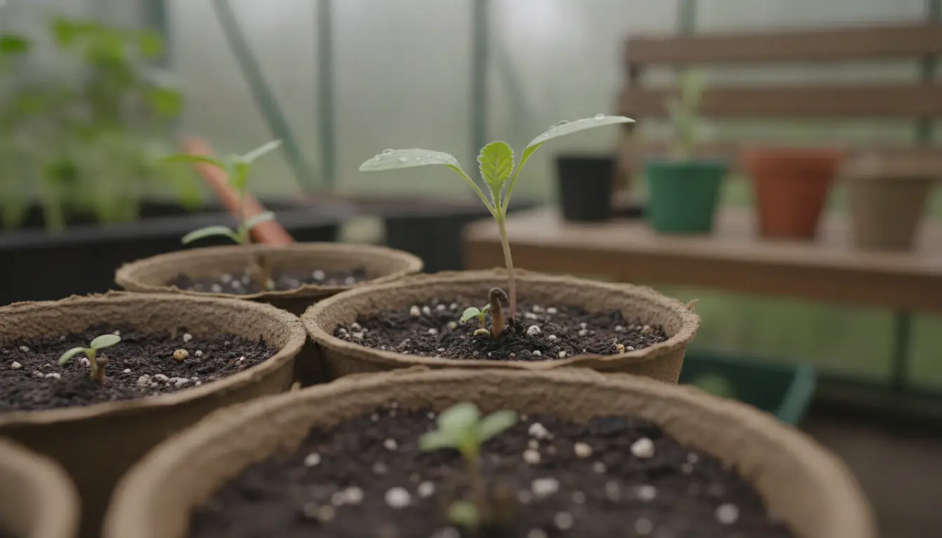 Plateau de semis avec plantules atteintes de fonte, tiges noircies pincées à la base au niveau du substrat