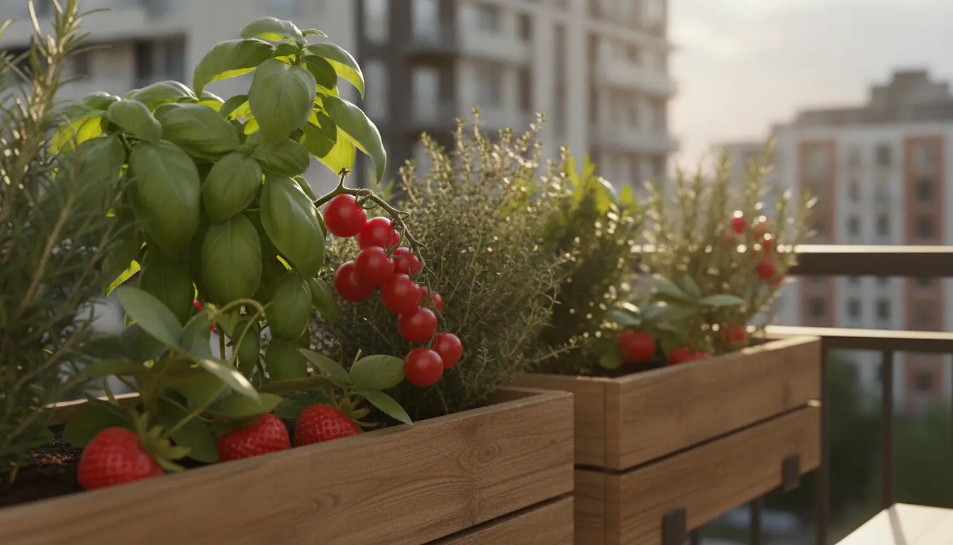 Balcon ensoleillé avec jardinières de tomates cerises, fraises et herbes aromatiques