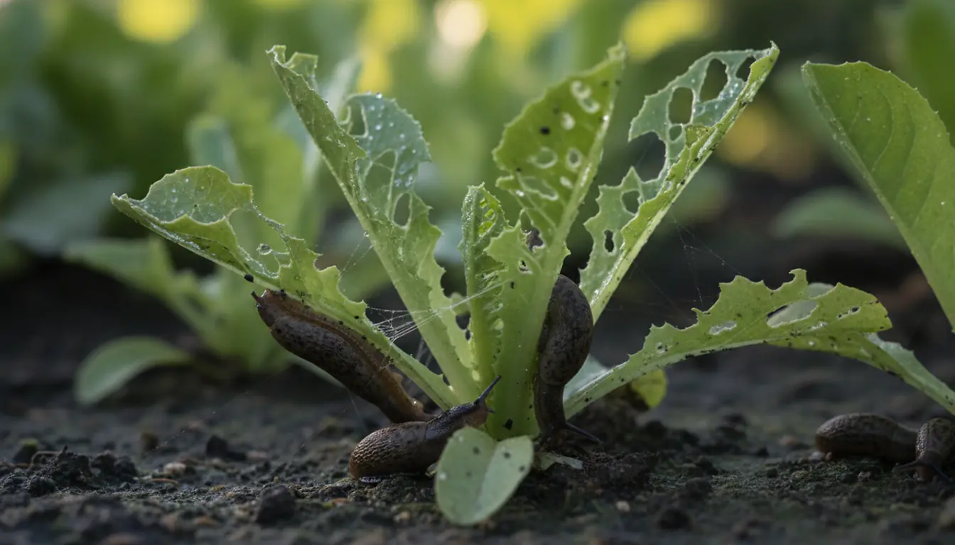 Limaces brunes sur feuilles de salade au potager, dégâts visibles au matin