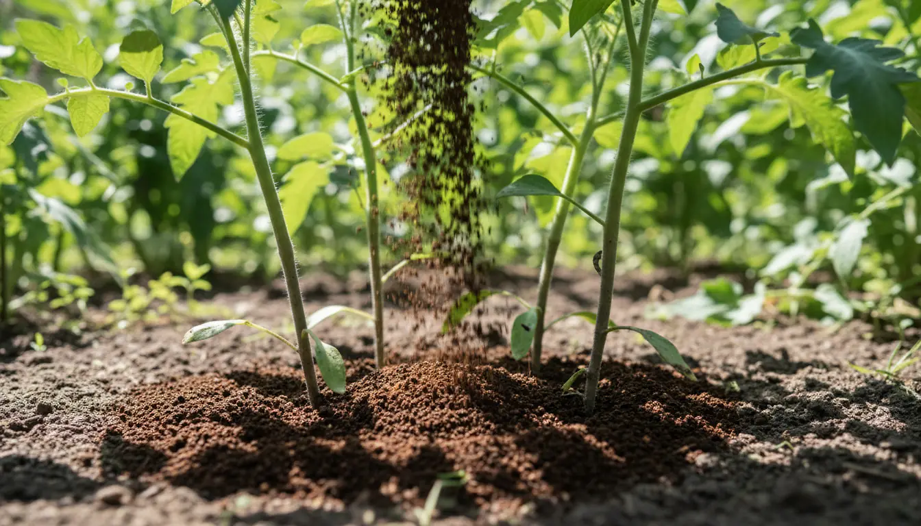 Marc de café épandu autour de plants de tomates dans un potager ensoleillé, sol riche, lumière naturelle
