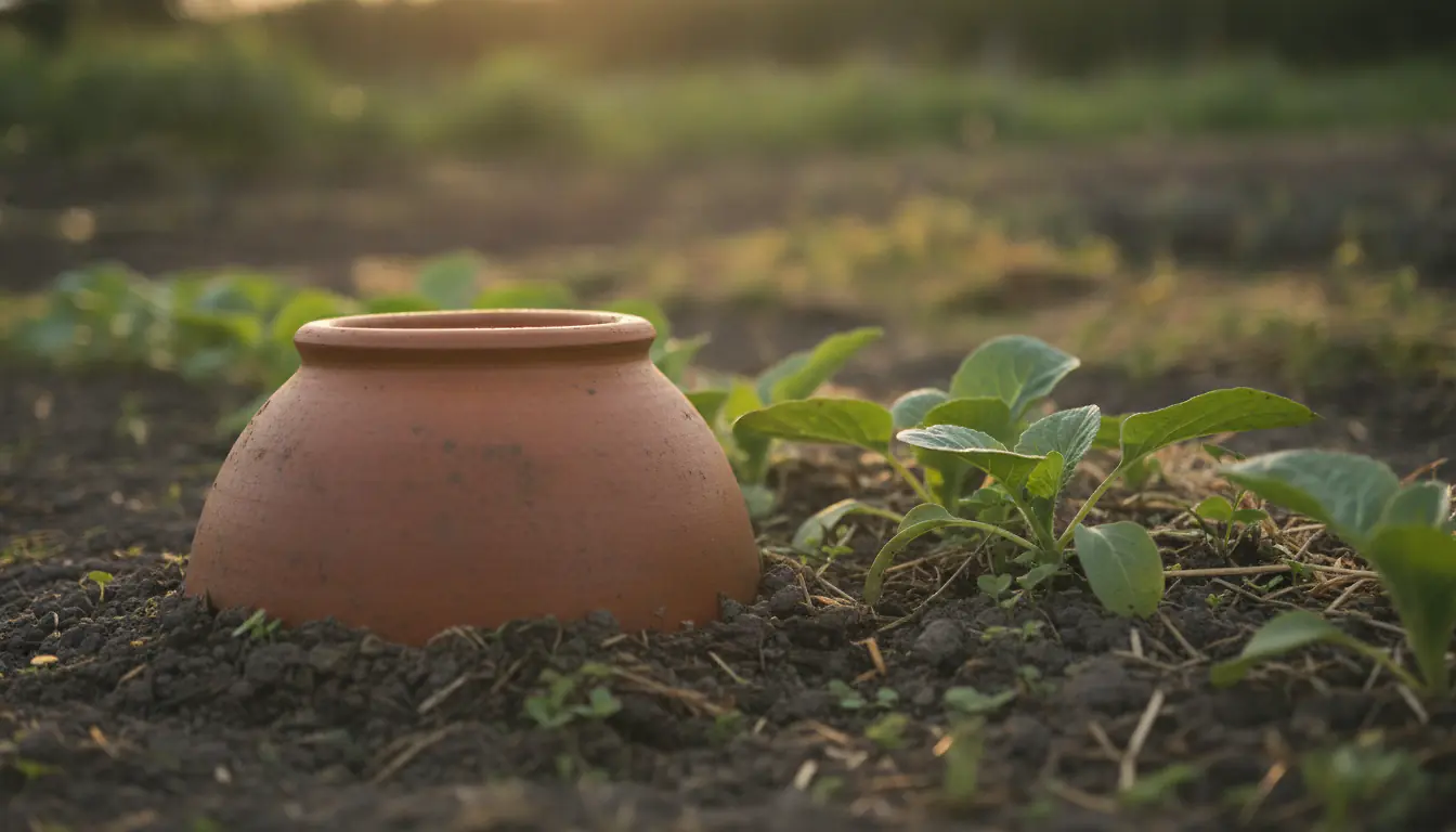 Oya en terre cuite enterré dans un rang de potager entre de jeunes plants de légumes