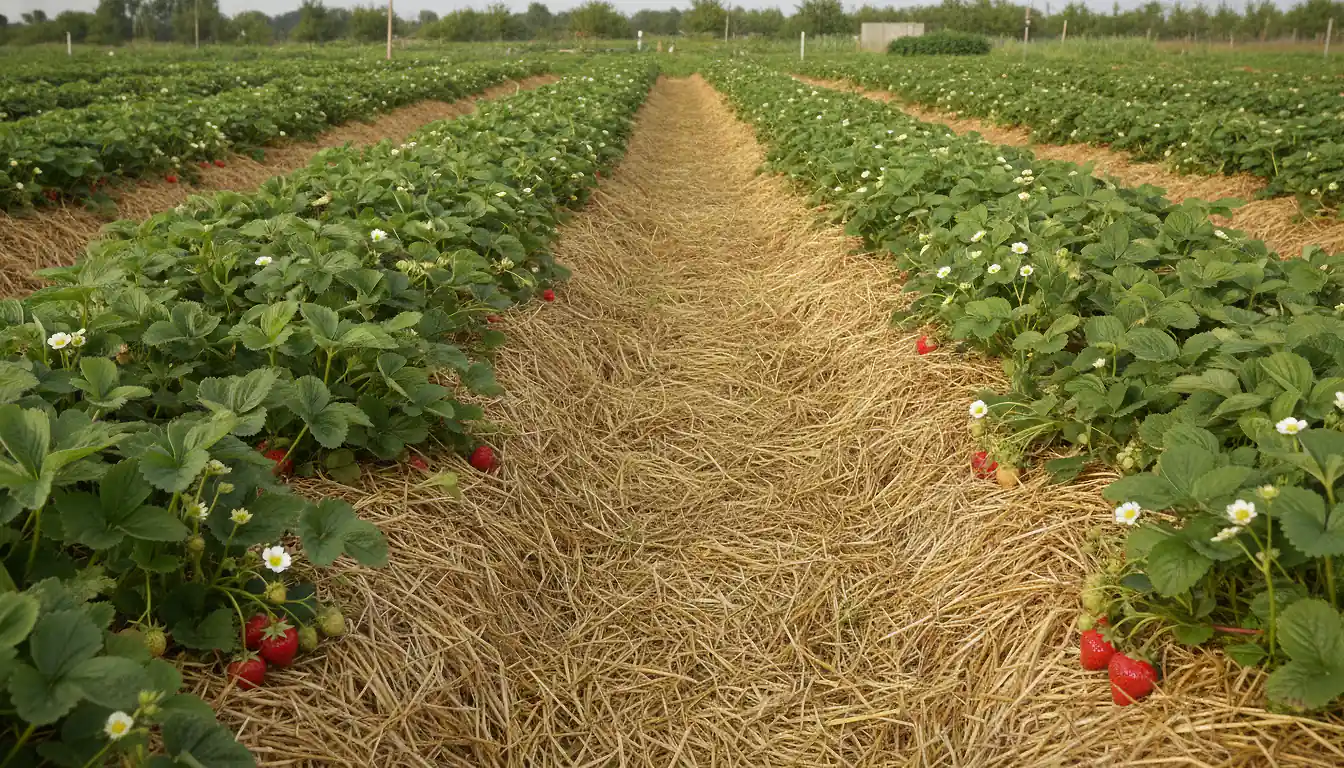 Fraisiers en rangées dans un potager avec fruits rouges mûrs et paillage de paille