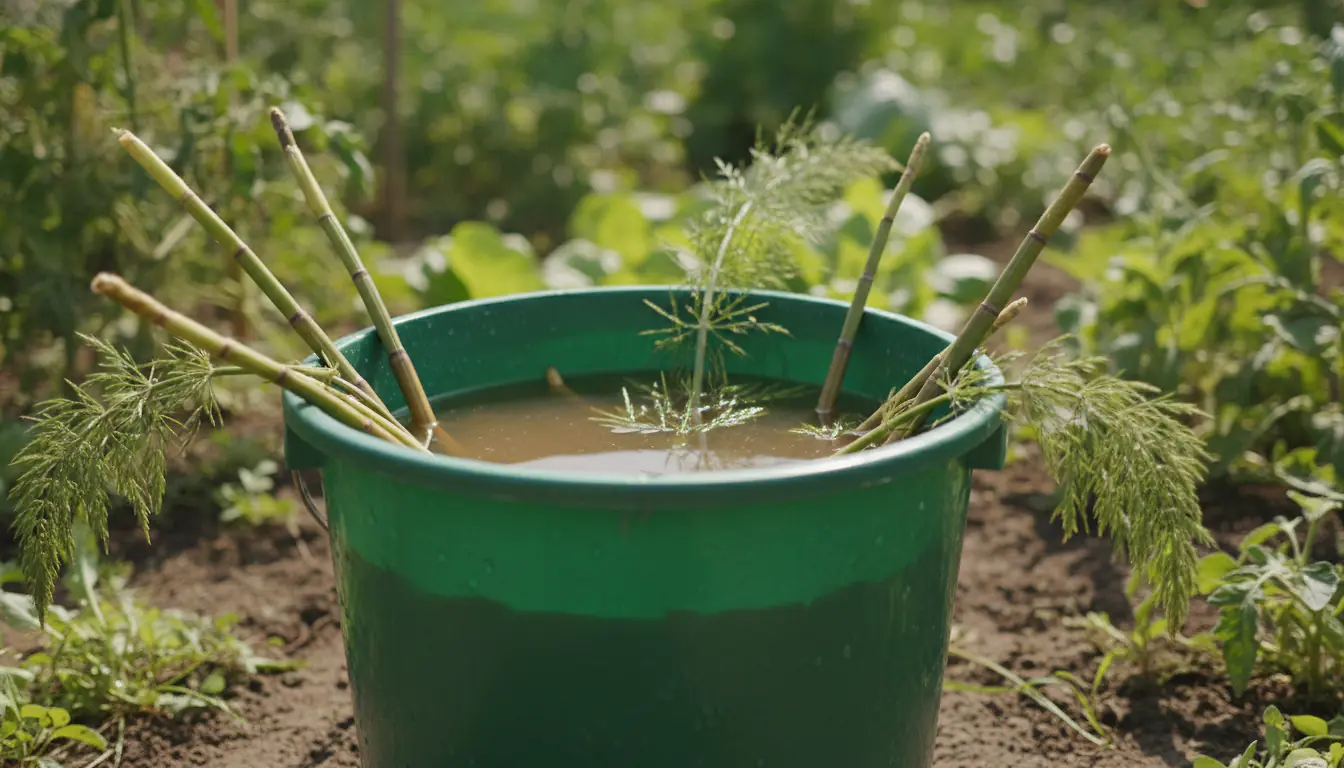 Seau de tiges de prêle des champs en macération dans un jardin potager ensoleillé