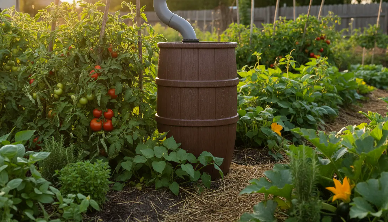 Récupérateur d'eau de pluie installé sous une gouttière dans un jardin potager verdoyant