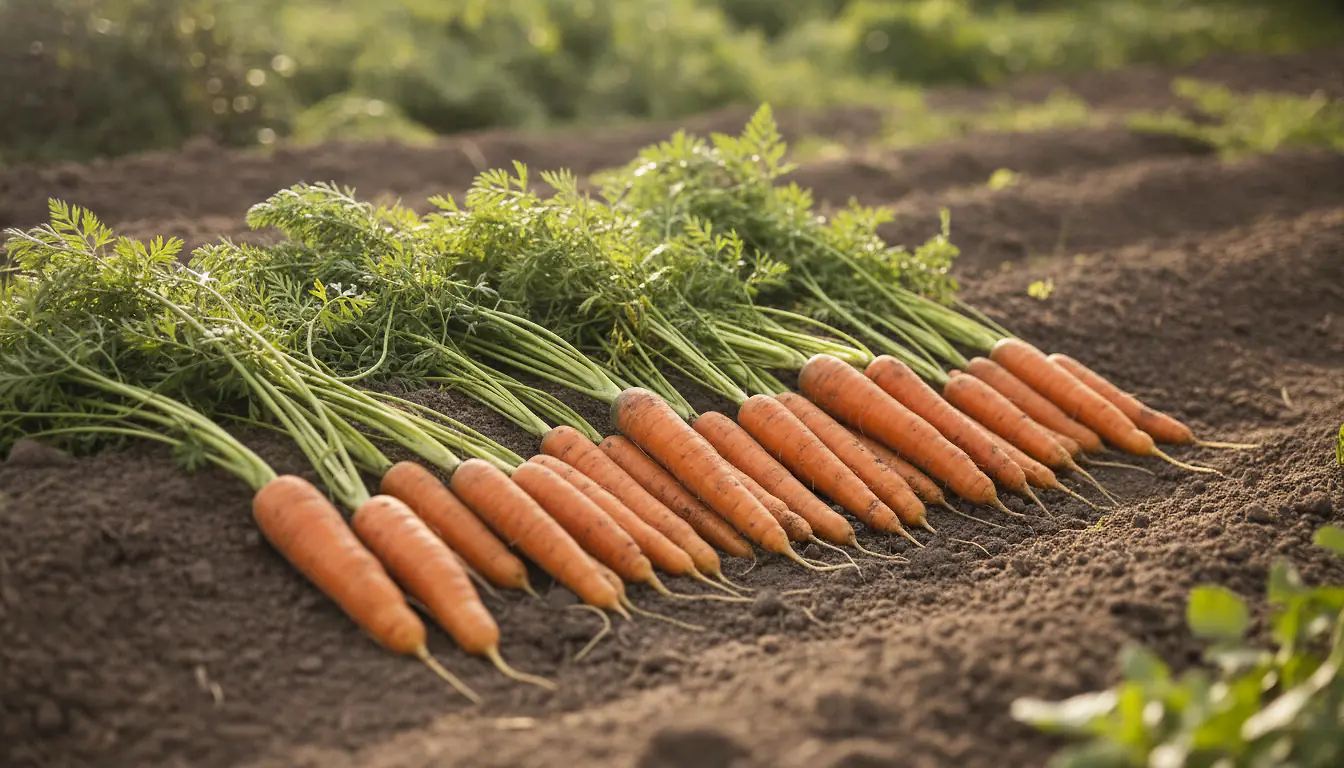 Rang de carottes orange récoltées dans un potager ensoleillé, sol brun meuble et feuilles vertes fraîches