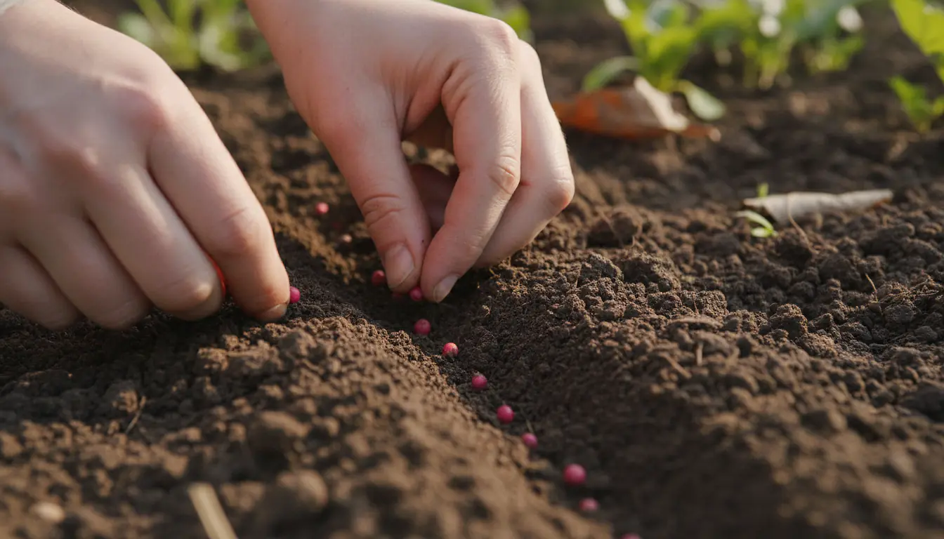 Graines de radis semées en rangs dans un sol meuble de potager, main déposant les semences au printemps