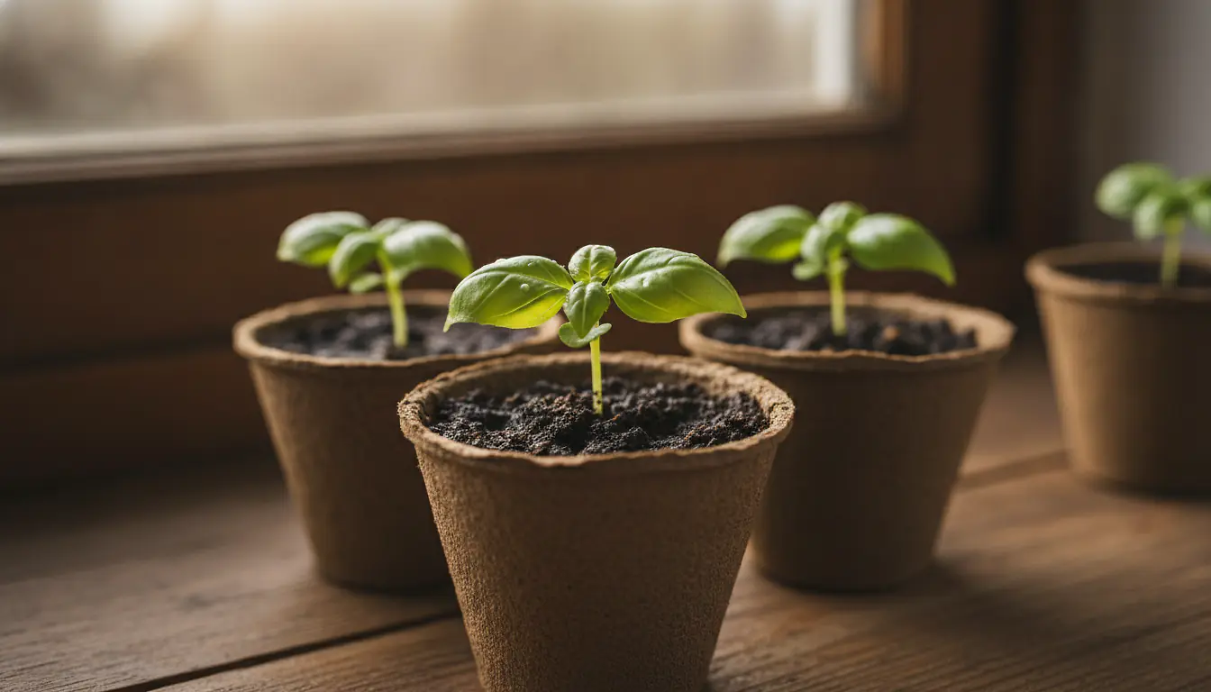 Jeunes plants de basilic en godets sur un rebord de fenêtre lumineux