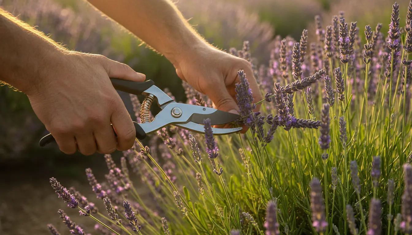 Mains de jardinier taillant la lavande au sécateur dans un jardin provençal