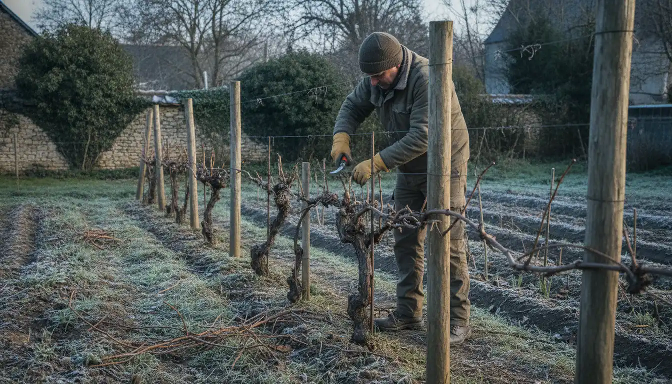 Cep de vigne taillé en hiver, sarments coupés sur fil de palissage