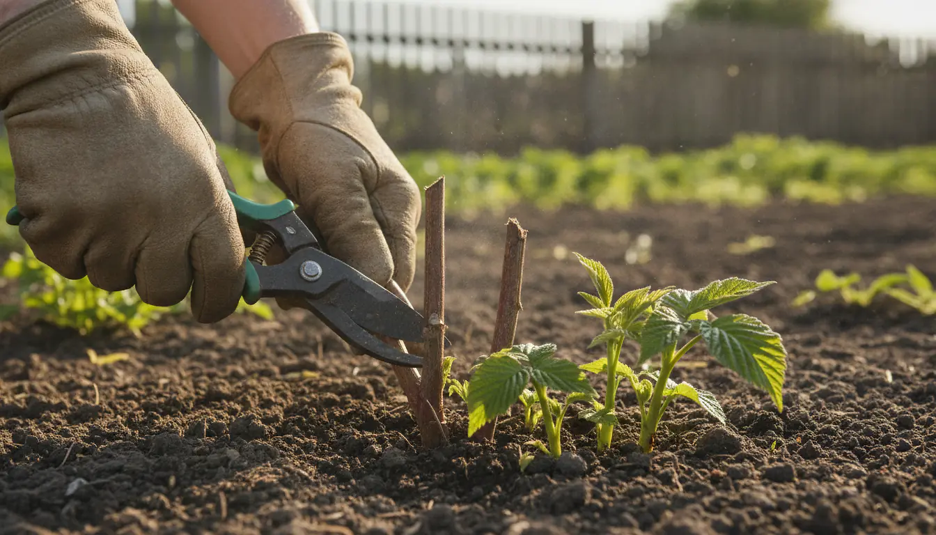 Jardinier taillant des framboisiers au potager avec sécateur, vieilles tiges coupées et jeunes pousses vertes sélectionnées