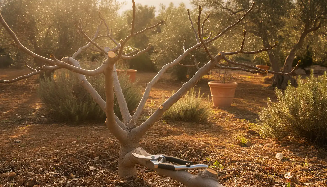 Figuier taillé en jardin méditerranéen ensoleillé, sécateur au premier plan sur une branche