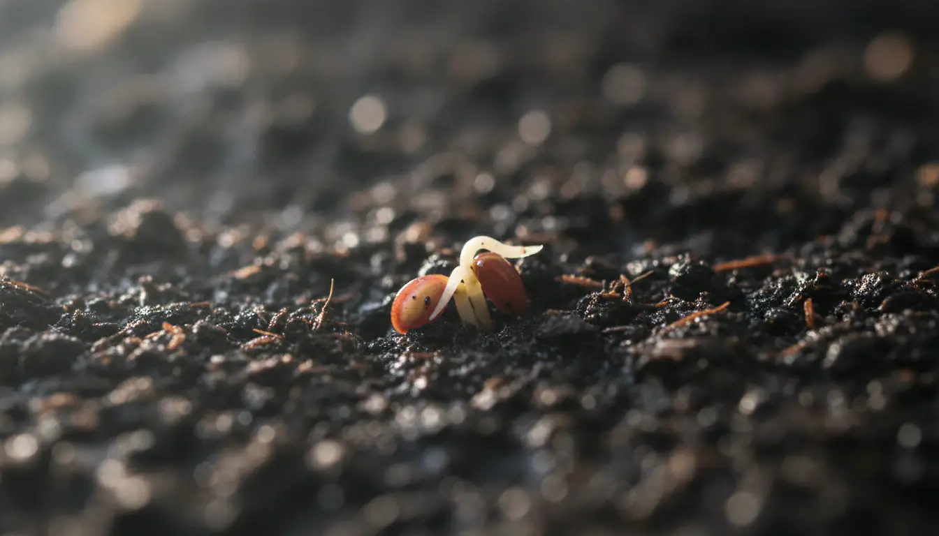 Graines de tomate en germination sur substrat humide, premières radicules blanches visibles au-dessus de la terre
