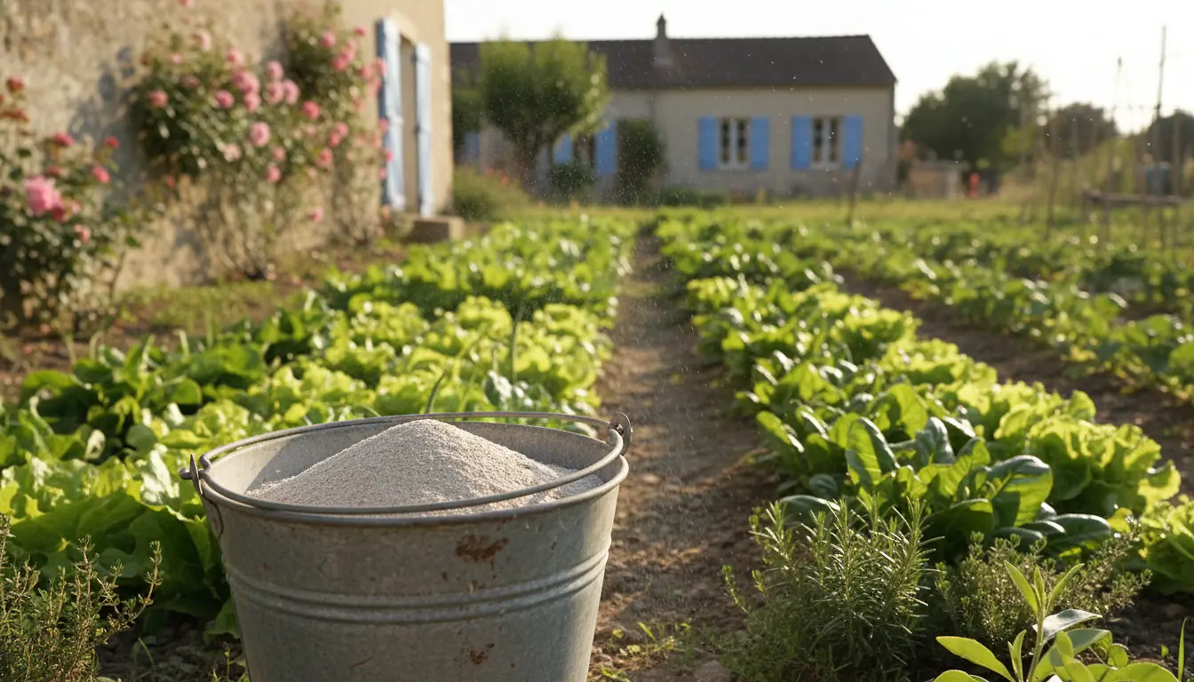 Seau métallique rempli de cendre de bois grise posé devant un potager avec rangées de légumes verts