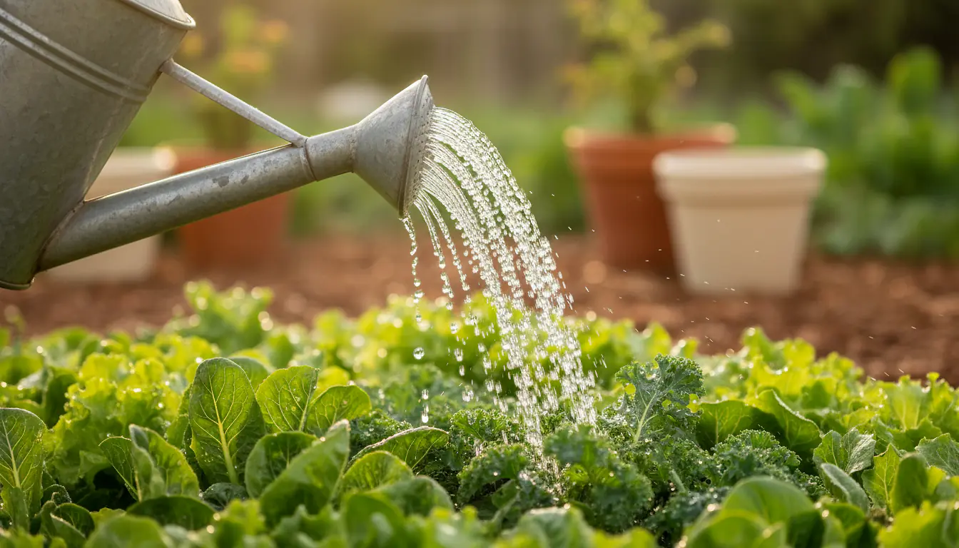 Arrosage d'un potager à l'arrosoir au petit matin