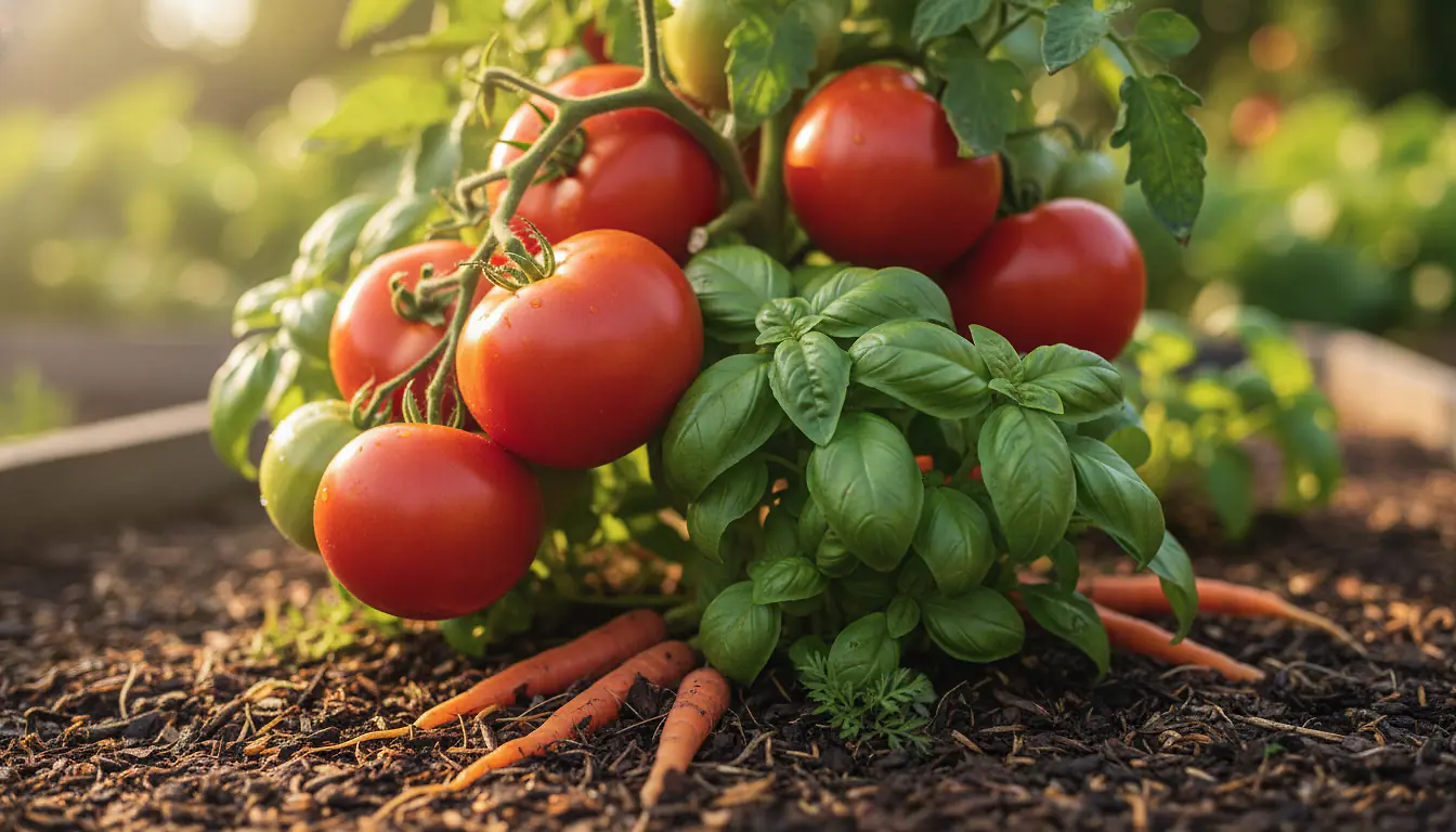Tomates, basilic et carottes cultivés côte à côte au potager