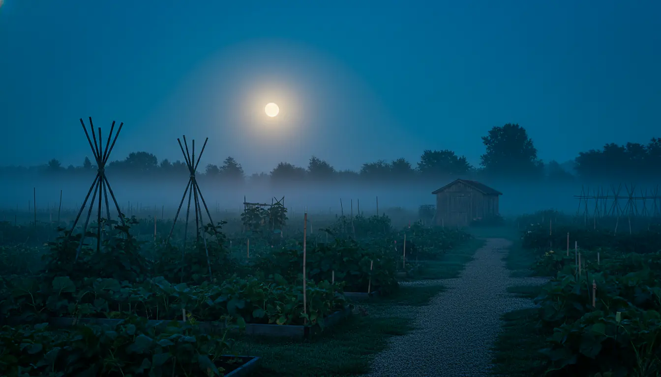 Potager au crépuscule sous une pleine lune douce