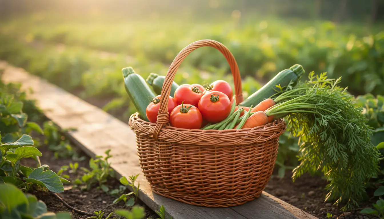 Panier de légumes fraîchement récoltés au potager