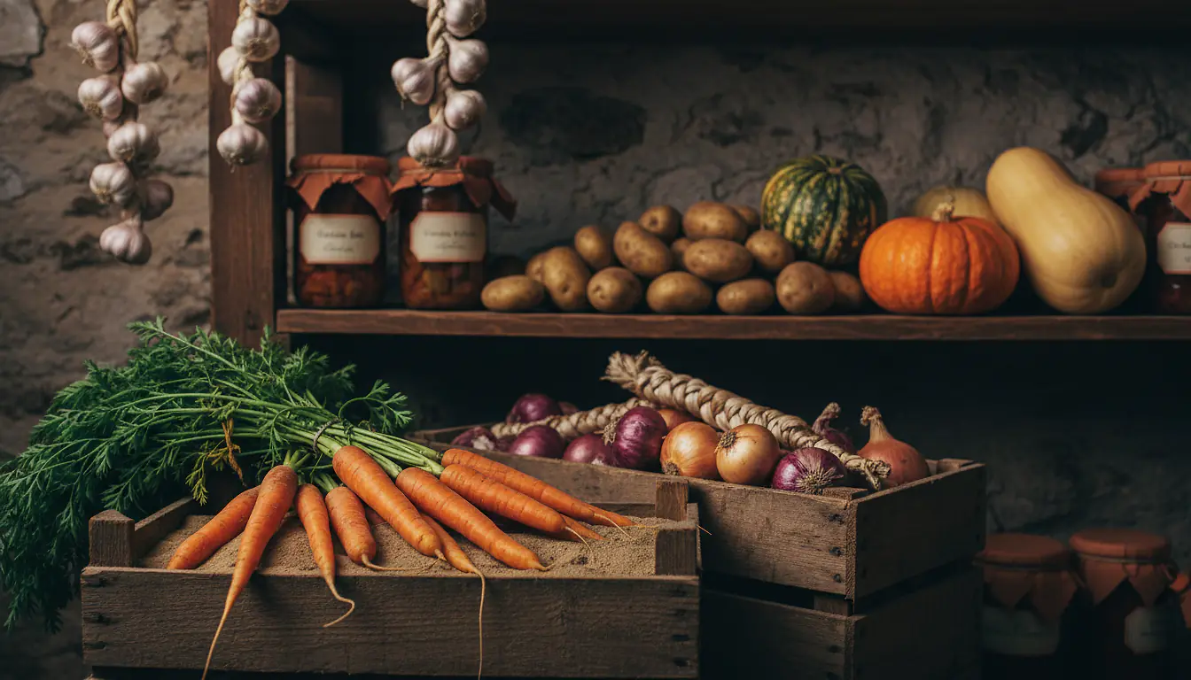 Légumes d'automne stockés en cave : carottes, courges et oignons